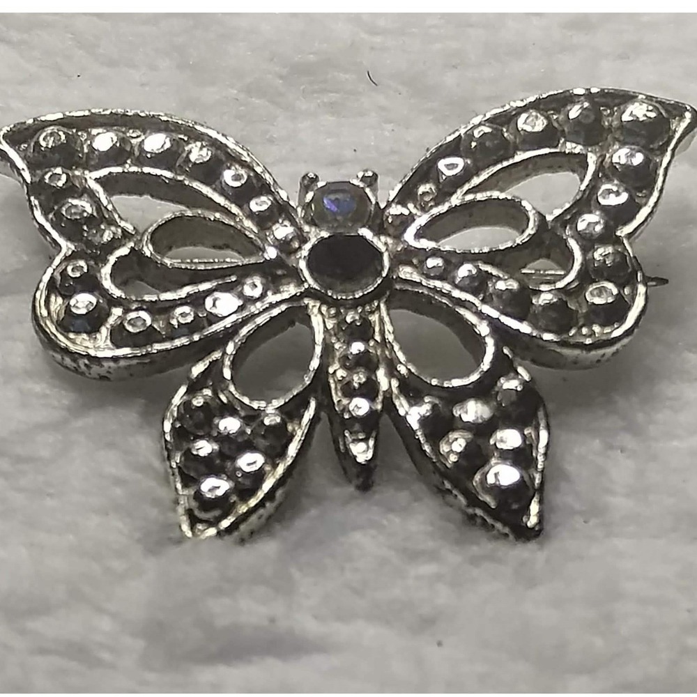 Vintage Silver Tone‎ Butterfly Brooch Pin Rhinestone Marcasite Style Accent